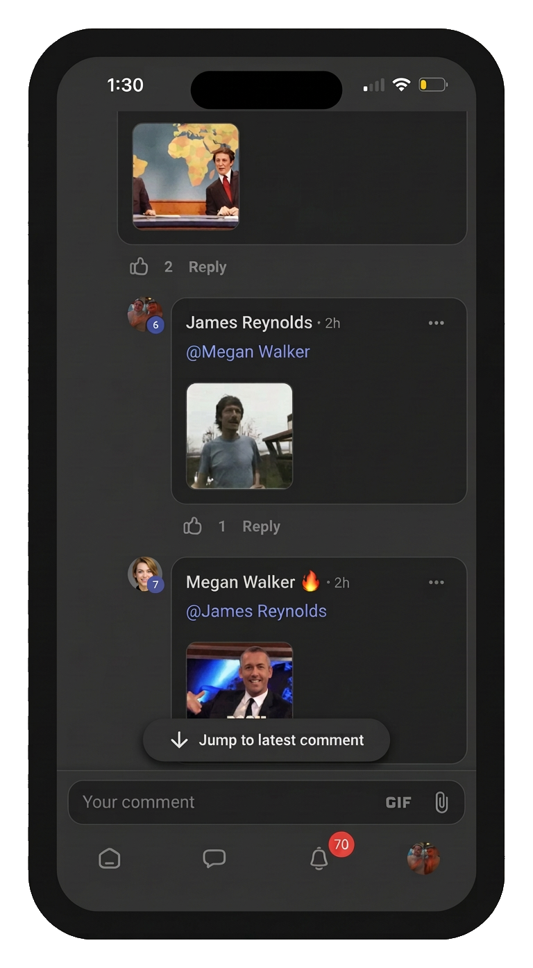 The same Skool post now thriving with replies and GIF reactions